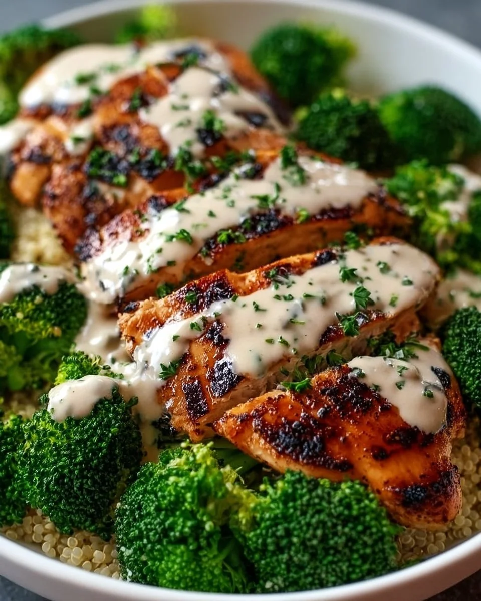 Grilled chicken and broccoli bowls with creamy garlic sauce