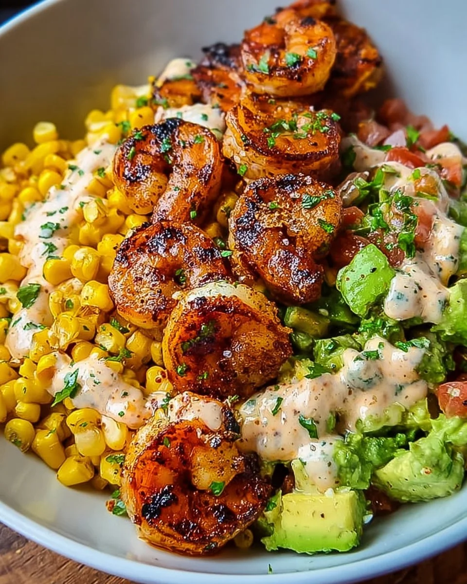 Grilled Shrimp Bowl with Avocado, Corn Salsa &amp; Creamy Sauce