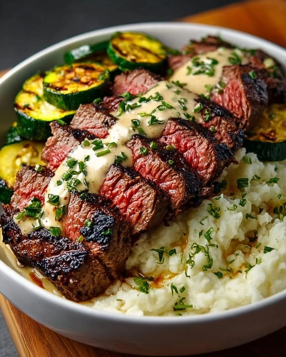Grilled Steak Bowl with Sauce &amp; Grilled Zucchini Bliss