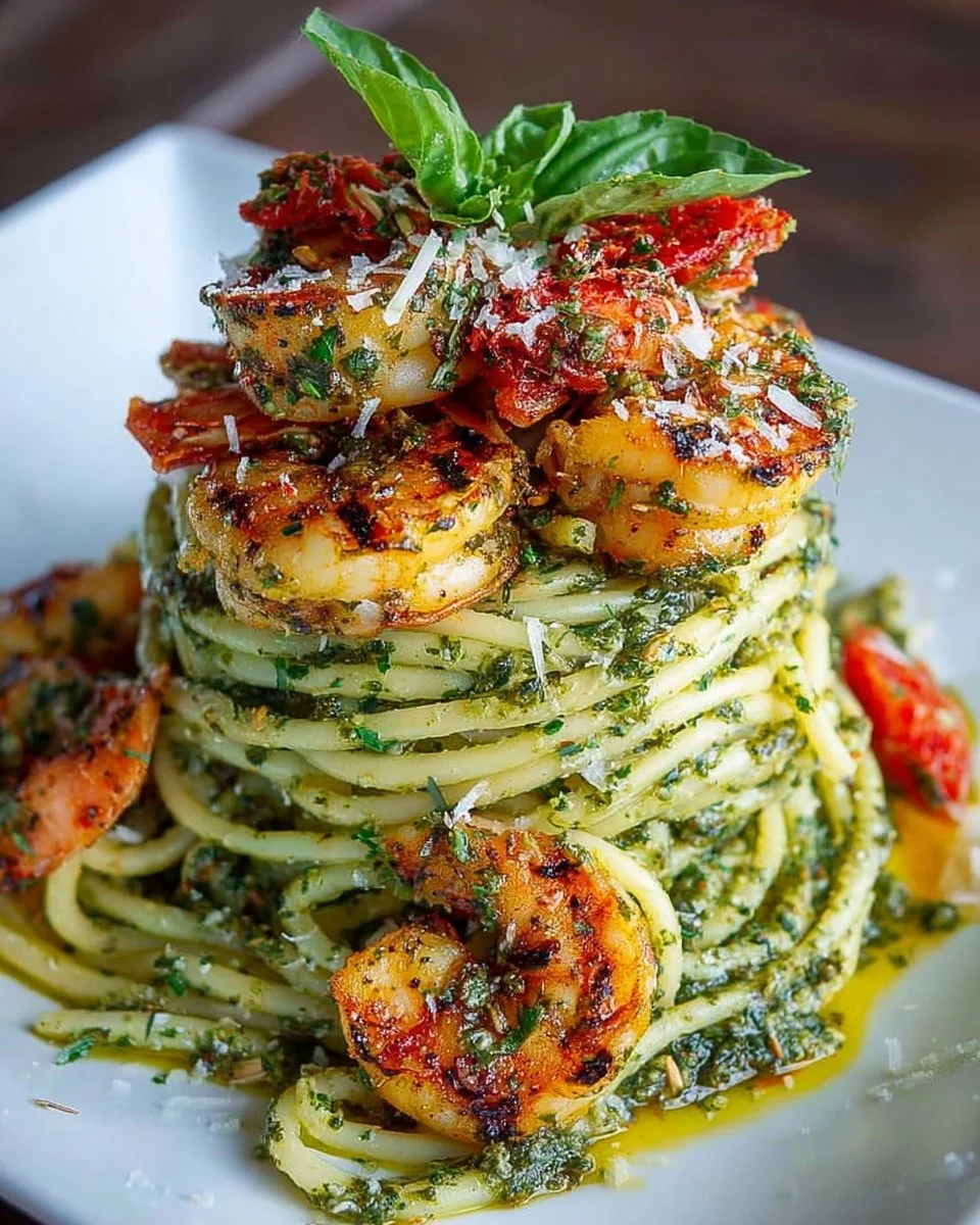 Pesto Pasta and Grilled Shrimp Stack