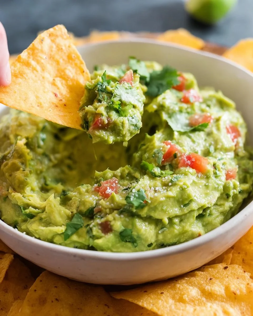 A bowl of freshly made guacamole dip with tortilla chips on the side.