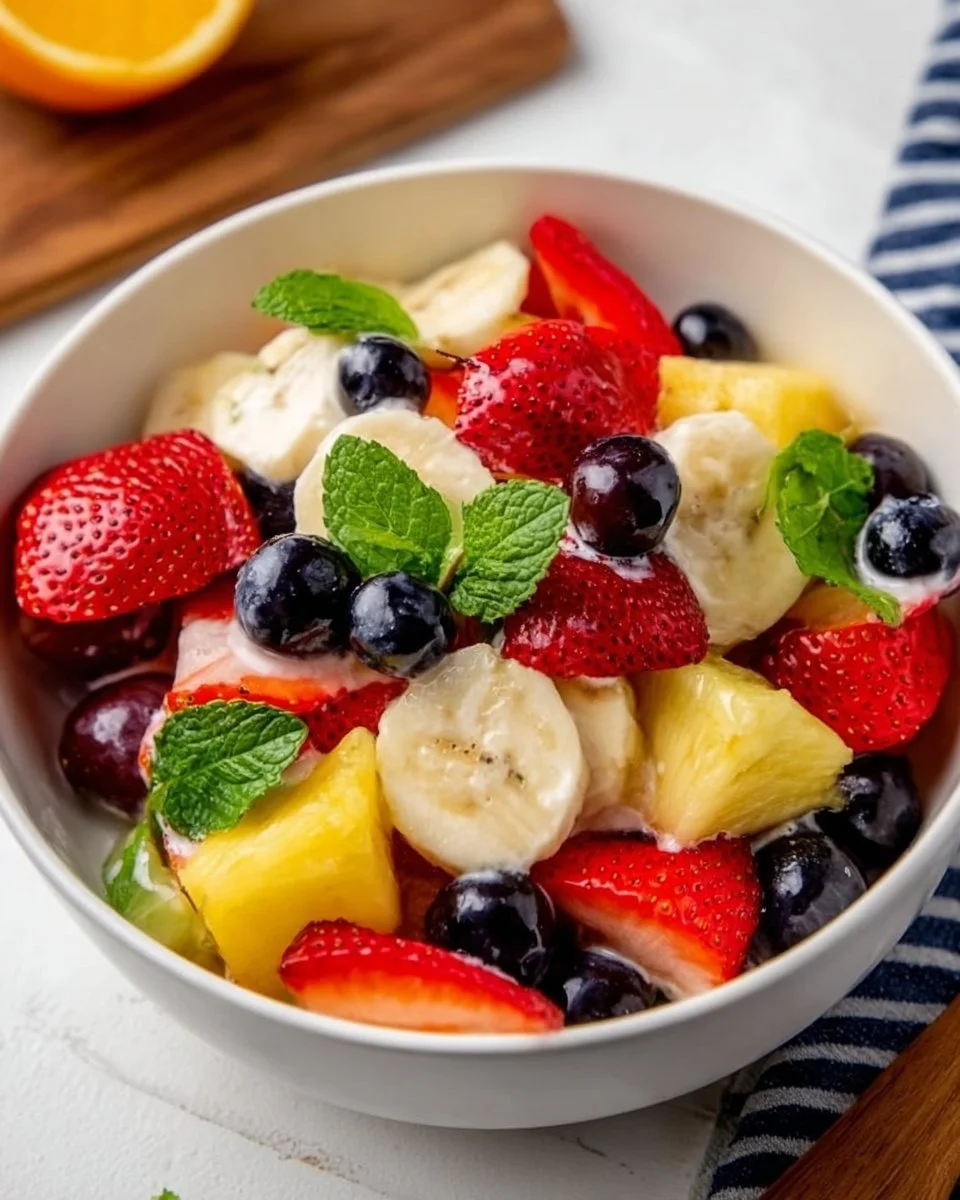 Creamy fruit salad with a mix of fresh fruits and creamy dressing