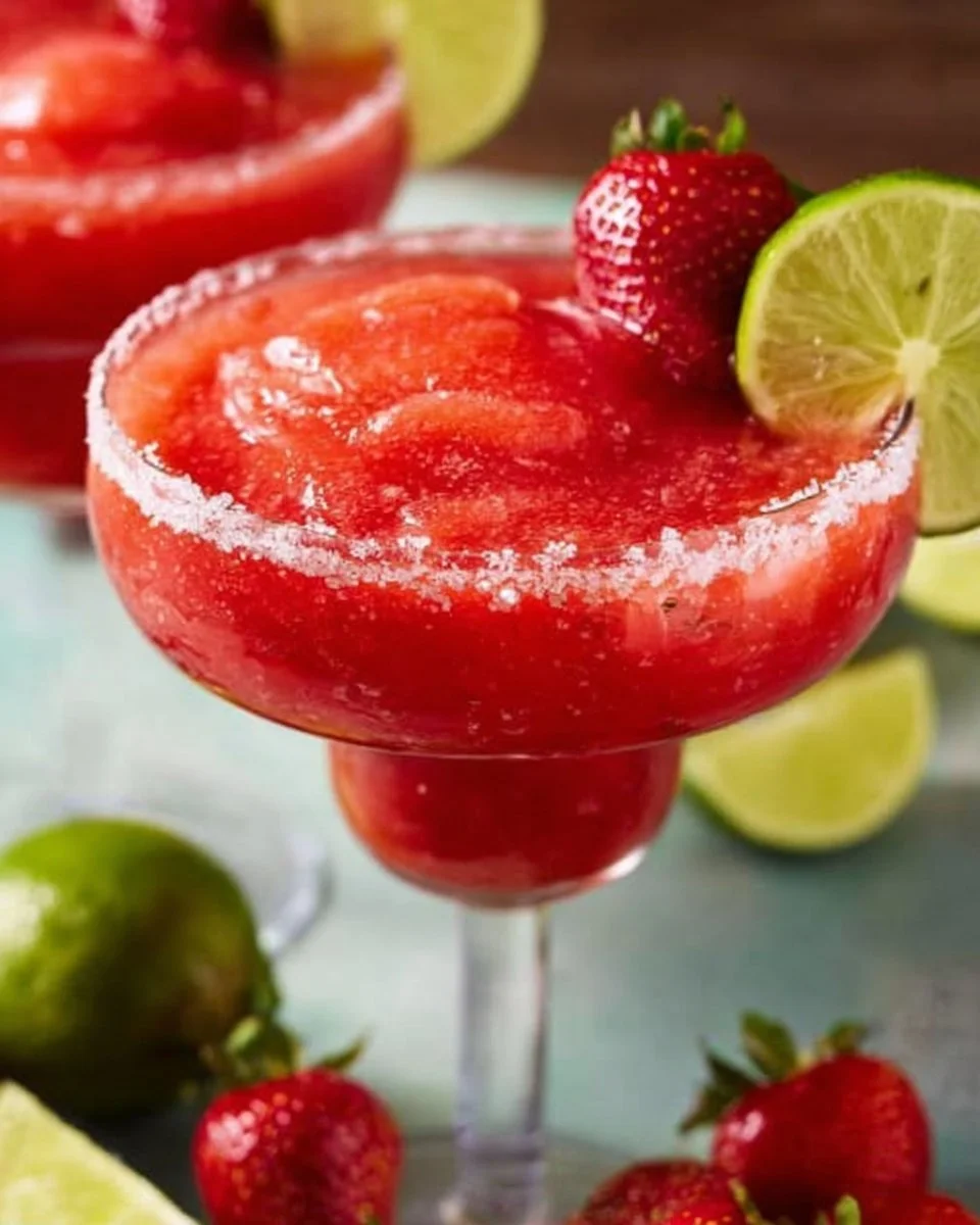 Frozen strawberry margarita served in a glass with fresh strawberries