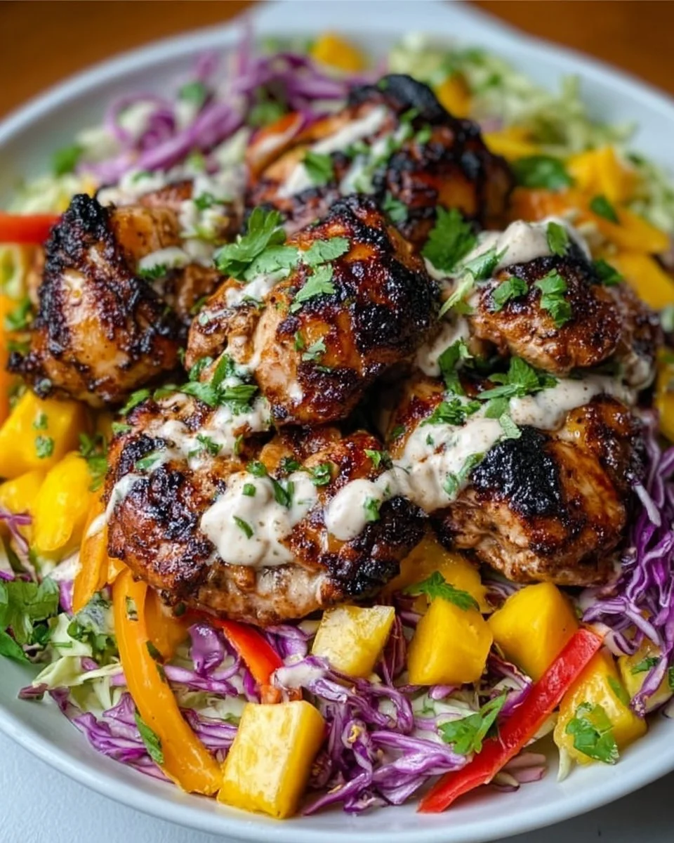 Jerk Chicken &amp; Mango Slaw Bowls with Honey Lime Cream