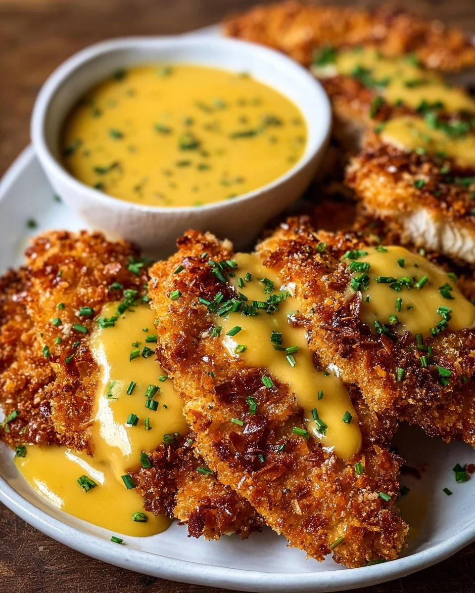 Pretzel-Crusted Chicken with Creamy Mustard Cheddar Sauce