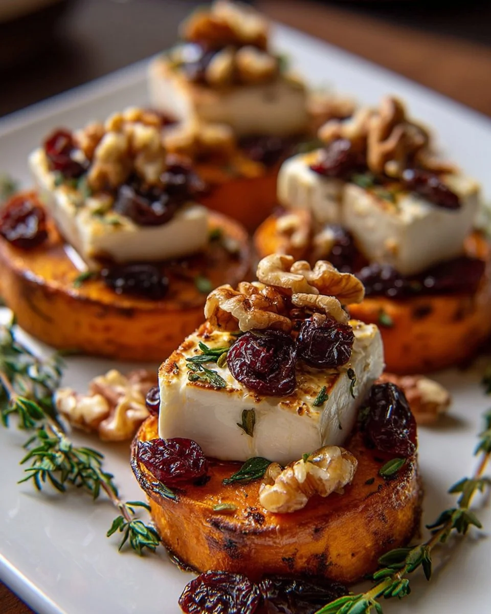 Roasted Sweet Potato Rounds with Brie, Dried Cherries &amp; Toasted Walnuts