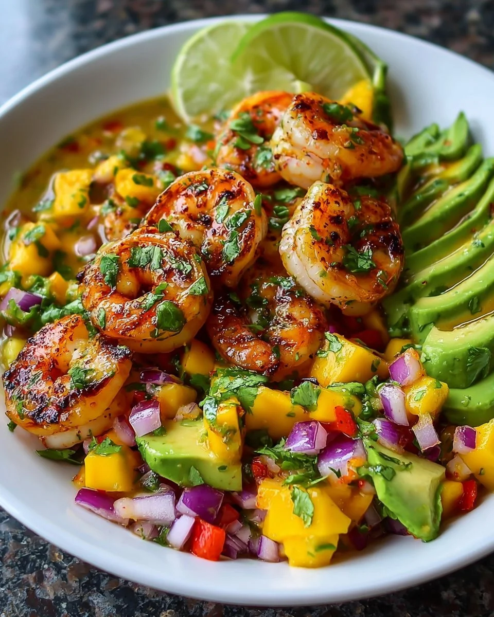 Shrimp and Avocado Bowls with Mango Salsa &amp; Lime-Chili Sauce