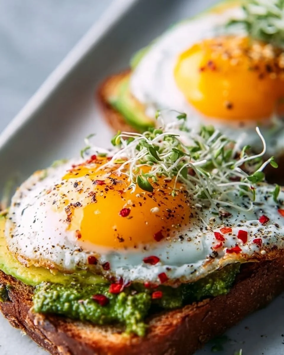 Pesto Fried Eggs on Creamy Avocado Toast