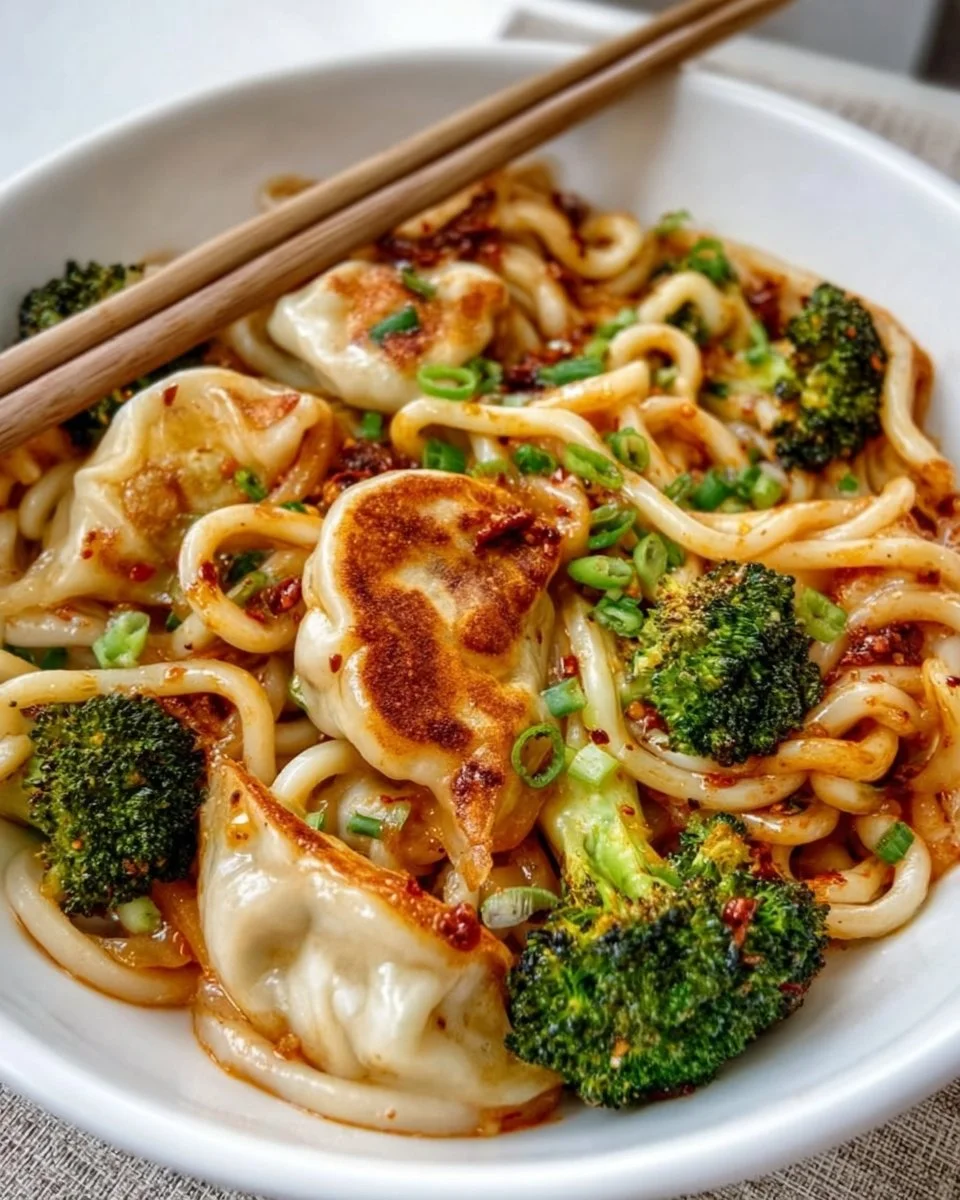 Spicy Garlic Udon Noodles with Dumplings