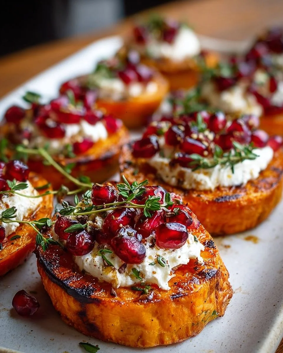 Whipped goat cheese with pomegranate on sweet potato rounds